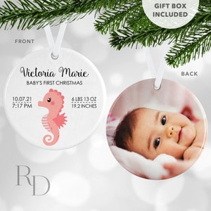 Seahorse Birth Stats Ornament, Baby&#39;s First Christmas Ornament, Baby&#39;s 1st Christmas Ornament, Personalized Ornament