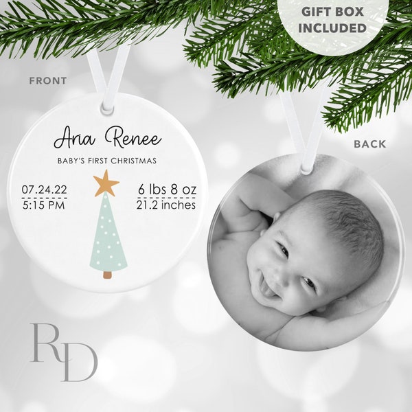 Teal Christmas Tree Birth Stats Ornament, Baby's First Christmas Ornament, Personalized Photo Ornament, Christmas Gift For New Grandparents