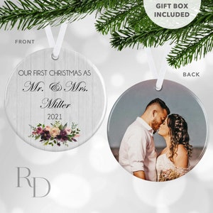 Violet Floral Wedding Ornament, Our First Christmas As Mr And Mrs, Our First Christmas Married, Personalized Wedding Ornament, Purple Floral