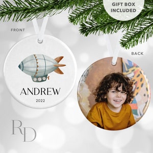 Personalized Blimp Ornament, Baby's First Christmas, Kids Christmas Ornament, Custom Photo Ornament With Name, Christmas Gift For Grandson