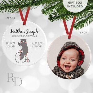 Bear On A Bike Birth Stats Ornament, Baby&#39;s First Christmas Ornament, Baby&#39;s 1st Christmas Ornament, Personalized Ornament
