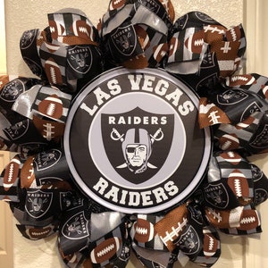 LAS VEGAS RAIDERS Football Wreath, Black Deco Mesh, 24" X 24", Football Ribbon, Black Silver Ribbon, Metal Sign, Front Door, Home Decor