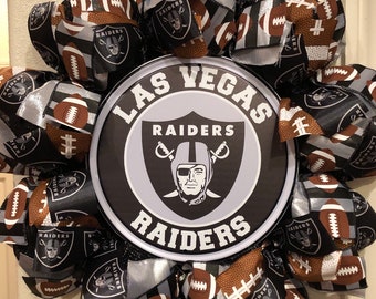 LAS VEGAS RAIDERS Football Wreath, Black Deco Mesh, 24" X 24", Football Ribbon, Black Silver Ribbon, Metal Sign, Front Door, Home Decor