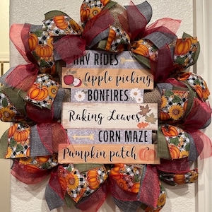 Farmhouse Fall Wreath with Buffalo Plaid Pumpkin, Burlap Deco Mesh