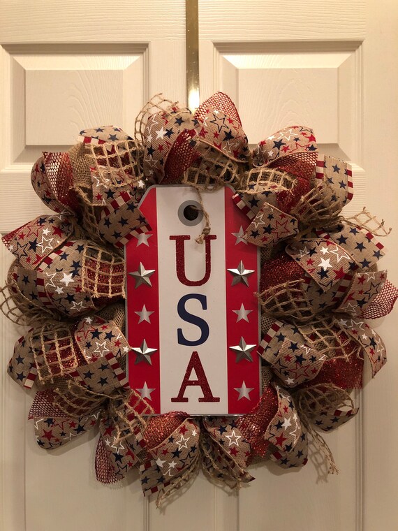 USA All The Way Patriotic Burlap Handmade Deco Mesh Wreath 