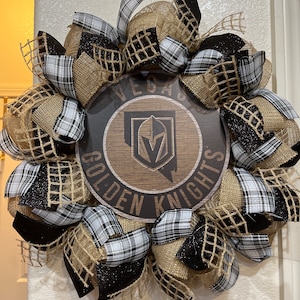 VEGAS GOLDEN KNIGHTS Wreath, Welcome, Burlap Deco Mesh, Stanley Cup Playoffs, V G K, Las Vegas Hockey Gift, Wooden Sign, Front Door