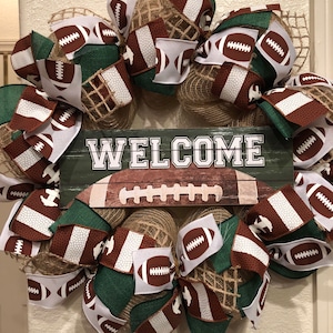 FARMHOUSE WELCOME FOOTBALL Wreath, Burlap Deco Mesh, 24&quot; x 24&quot;, Football Ribbon, Rustic, Home Decor, Eagles, Packers, Jets, Any Fan