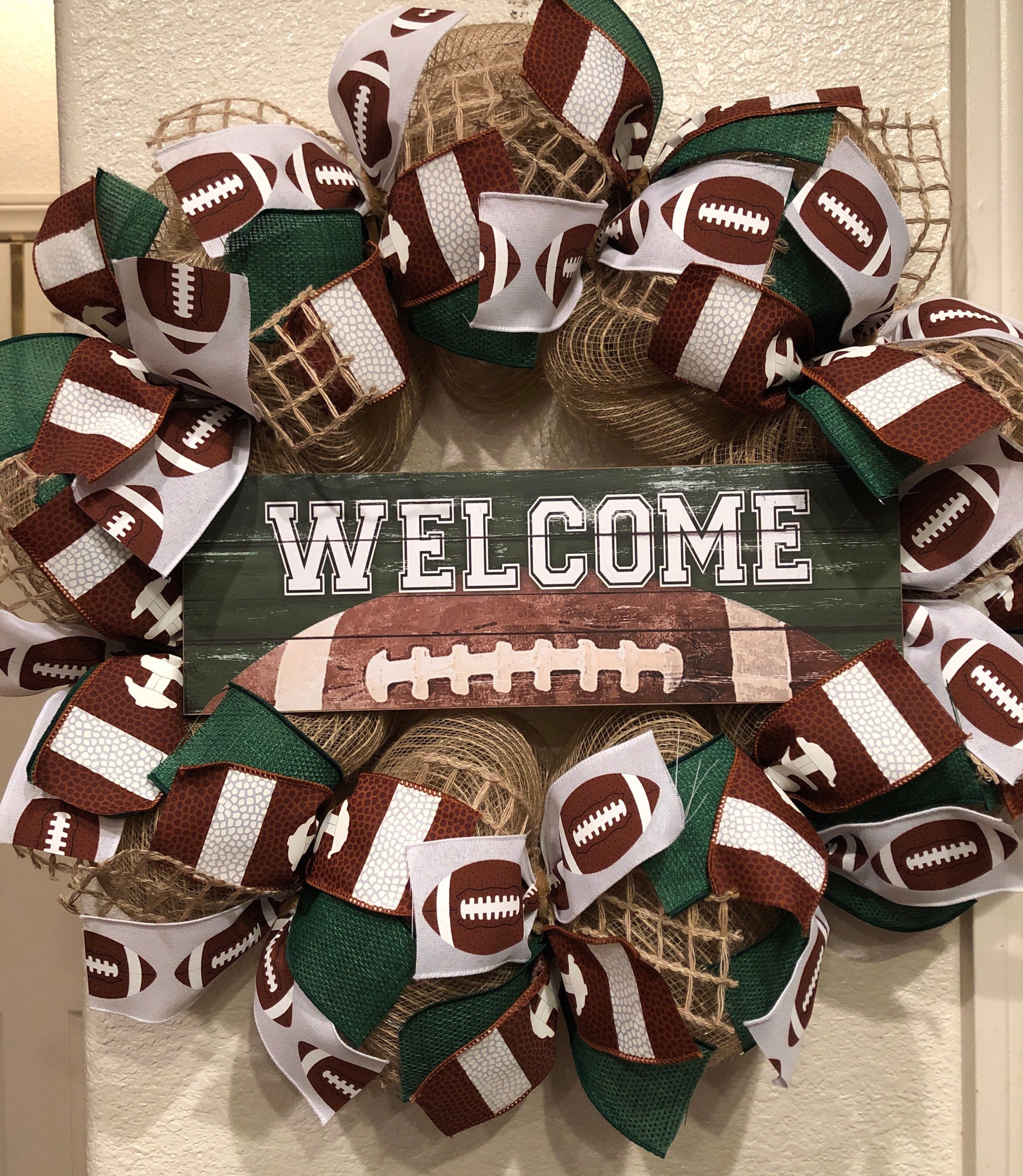 FARMHOUSE WELCOME FOOTBALL Wreath, Burlap Deco Mesh, 24" x 24", Football Ribbon, Rustic, Home Decor, Eagles, Packers, Jets, Any Fan