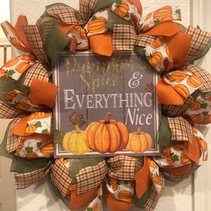 Farmhouse Pumpkin Spice Wreath, Burlap Deco Mesh, Fall Autumn Decor