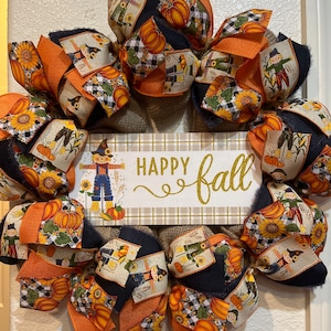 FARMHOUSE Happy FALL SCARECROW Wreath, Burlap Deco Mesh, Autumn, Pumpkins, Sunflowers, Plaid, Rustic, Holiday Home Decor, Front Door