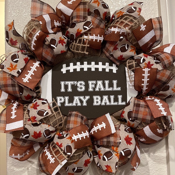 FARMHOUSE FALL FOOTBALL Wreath, Burlap Deco Mesh, 22" x 22", Leaves & Football Ribbon, Rustic, It's Fall Play Ball Sign, Football Home Decor