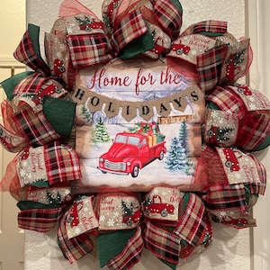 FARMHOUSE RED TRUCK Christmas Wreath, Burlap Deco Mesh, Rustic, Home For The Holidays, Plaid, Handmade, Front Door, Home Decor, Country