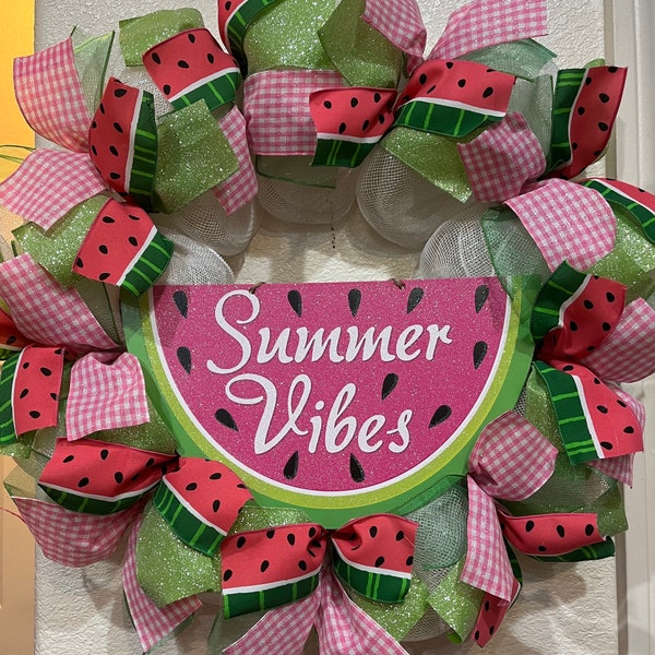 SUMMER VIBES WATERMELON Wreath, White Deco Mesh, Pink And Green, Glittery, Everyday, Housewarming, Front Door, Home Decor