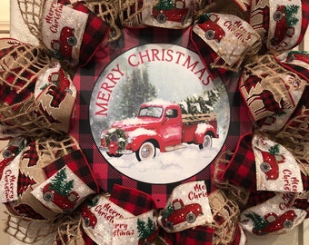 FARMHOUSE RED TRUCK Wreath, Merry Christmas, Burlap Deco Mesh, 24" X 24", Rustic, Vintage, Woodland, Buffalo Plaid, Front Door, Home Decor