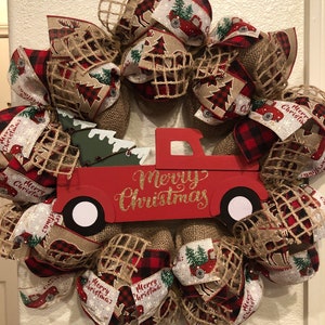 RED TRUCK CHRISTMAS Wreath, Burlap Deco Mesh, Rustic, Merry Christmas, Woodland, Buffalo Plaid, Farmhouse, 22&quot; X 22&quot;, Front Door, Home Decor