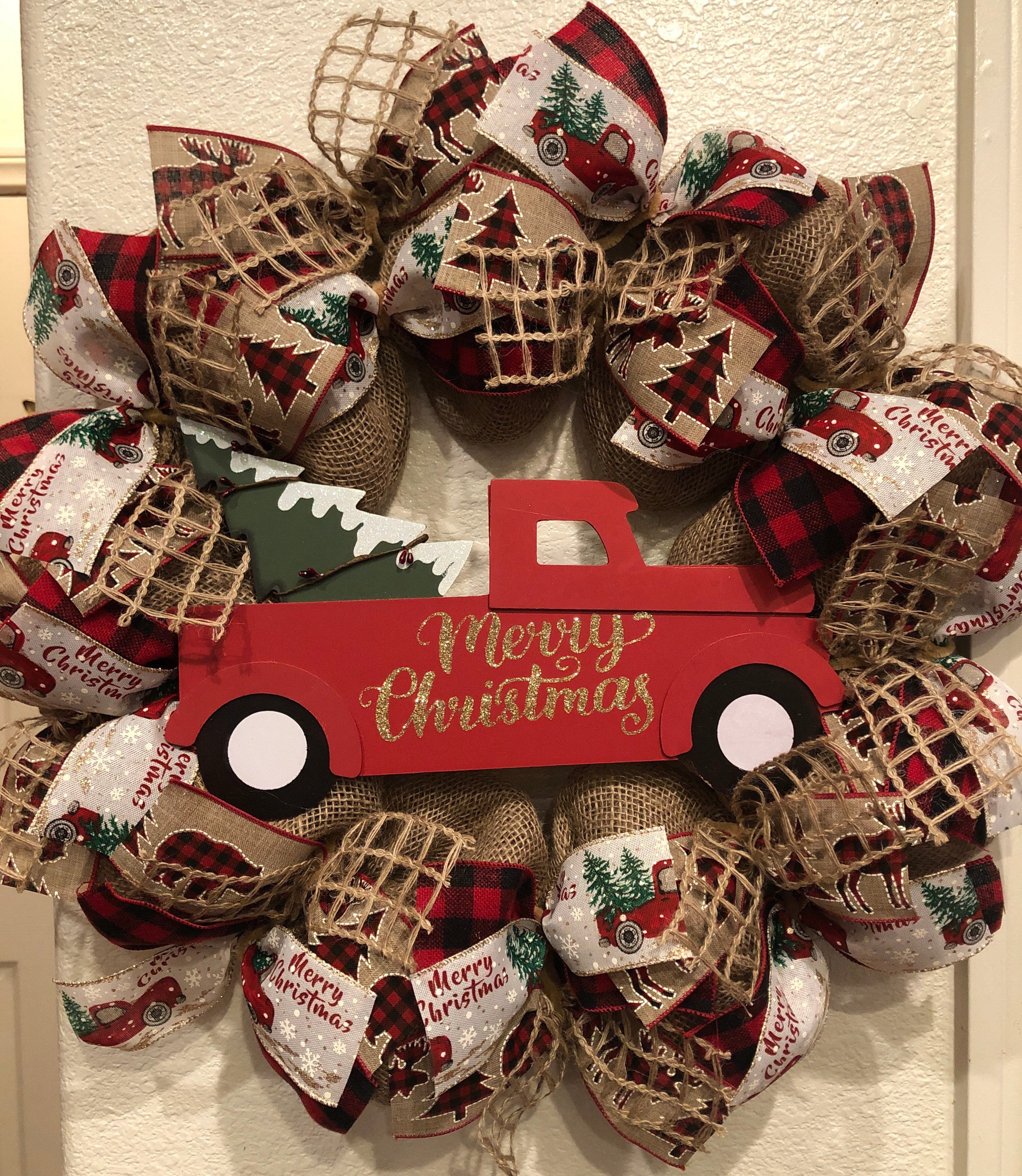 RED TRUCK CHRISTMAS Wreath Burlap Deco Mesh Rustic Merry Etsy