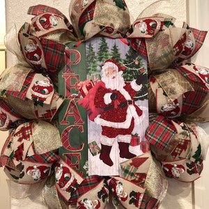 FARMHOUSE VINTAGE SANTA Wreath, Burlap, 24&quot; x 24&quot;, Peace, Christmas, Plaid, Rustic, Traditional Santa, Trees, Holiday Home Decor