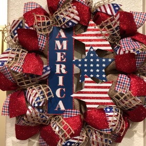 Farmhouse 4TH OF JULY WREATH, Burlap Deco Mesh, America, Patriotic, Red White & Blue, U S A, Rustic, Holiday Home Decor, Front Door