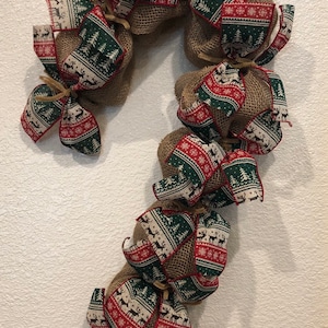 CANDY CANE Wreath, Burlap Deco Mesh, Rustic, Woodland Ribbon, Farmhouse, Holiday Home Decor, Handmade, Front Door Wreath