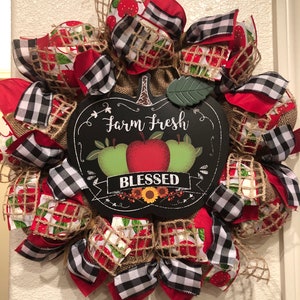 FARMHOUSE FALL APPLE Wreath, Farm Fresh, Buffalo Check, Burlap Deco Mesh, 24&quot; X 24&quot;, Harvest, Plaid, Rustic, Autumn, Home Decor, Front Door