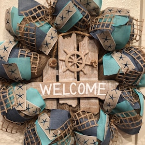 WELCOME BEACH BURLAP Deco Mesh Wreath, Coastal, Farmhouse, Driftwood Sign, Starfish, Year Round, Summer, Rustic, Front Door, Home Decor