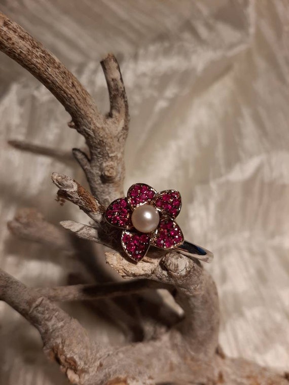 Ring Silver 925 Ruby Breeding Pearl Flower Flower