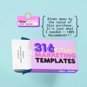 Może przedstawiać: Różowe i fioletowe pudełko z tekstem "316 szablonów marketingu e-mail" i "Stworzone przez Etsy Star Seller". Pudełko znajduje się na jasnoniebieskim tle.