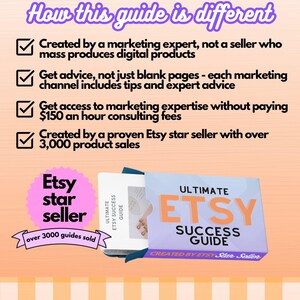 Pode incluir: Um gr&aacute;fico rosa e azul com o texto "Etsy star seller" e "over 3000 guides sold". O gr&aacute;fico est&aacute; ao lado de uma caixa azul e roxa com o texto "Ultimate Etsy Success Guide" e "Created by Etsy Star Seller".