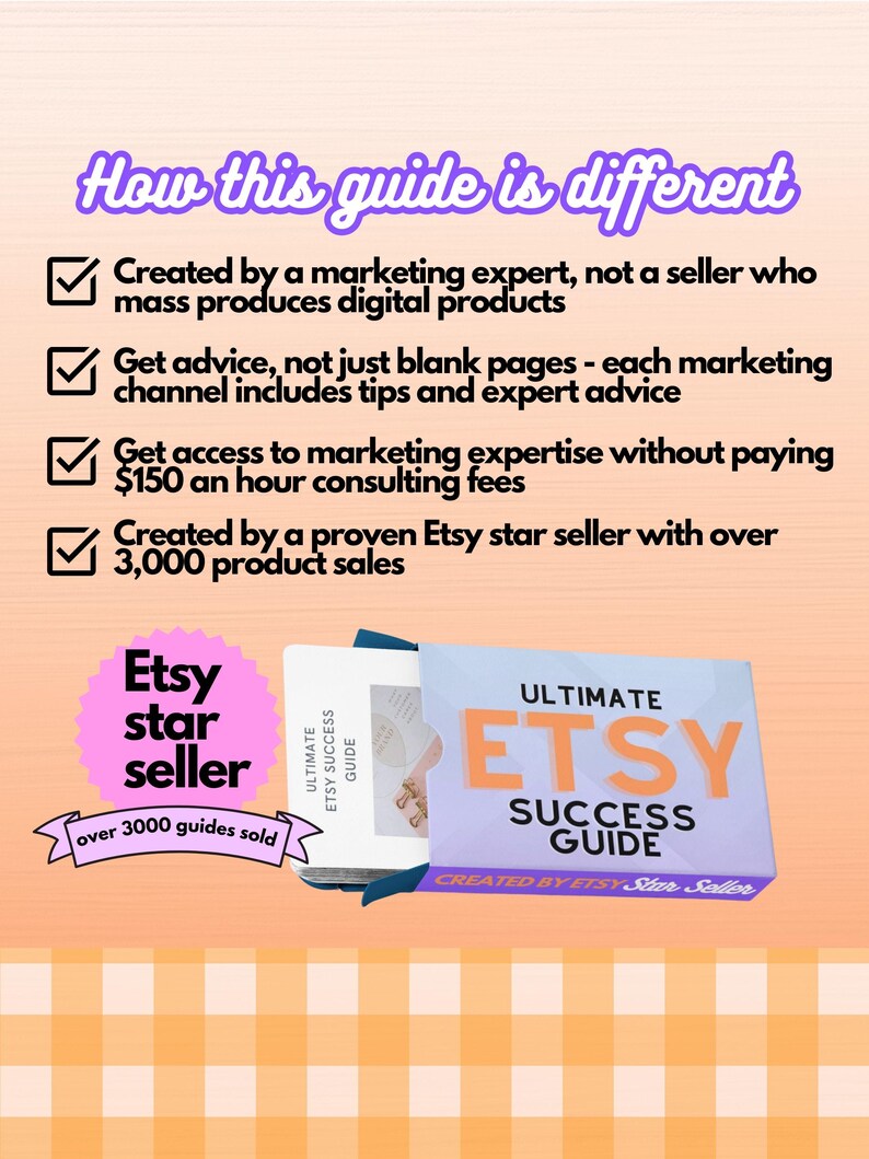 Pode incluir: Um gr&aacute;fico rosa e azul com o texto "Etsy star seller" e "over 3000 guides sold". O gr&aacute;fico est&aacute; ao lado de uma caixa azul e roxa com o texto "Ultimate Etsy Success Guide" e "Created by Etsy Star Seller".