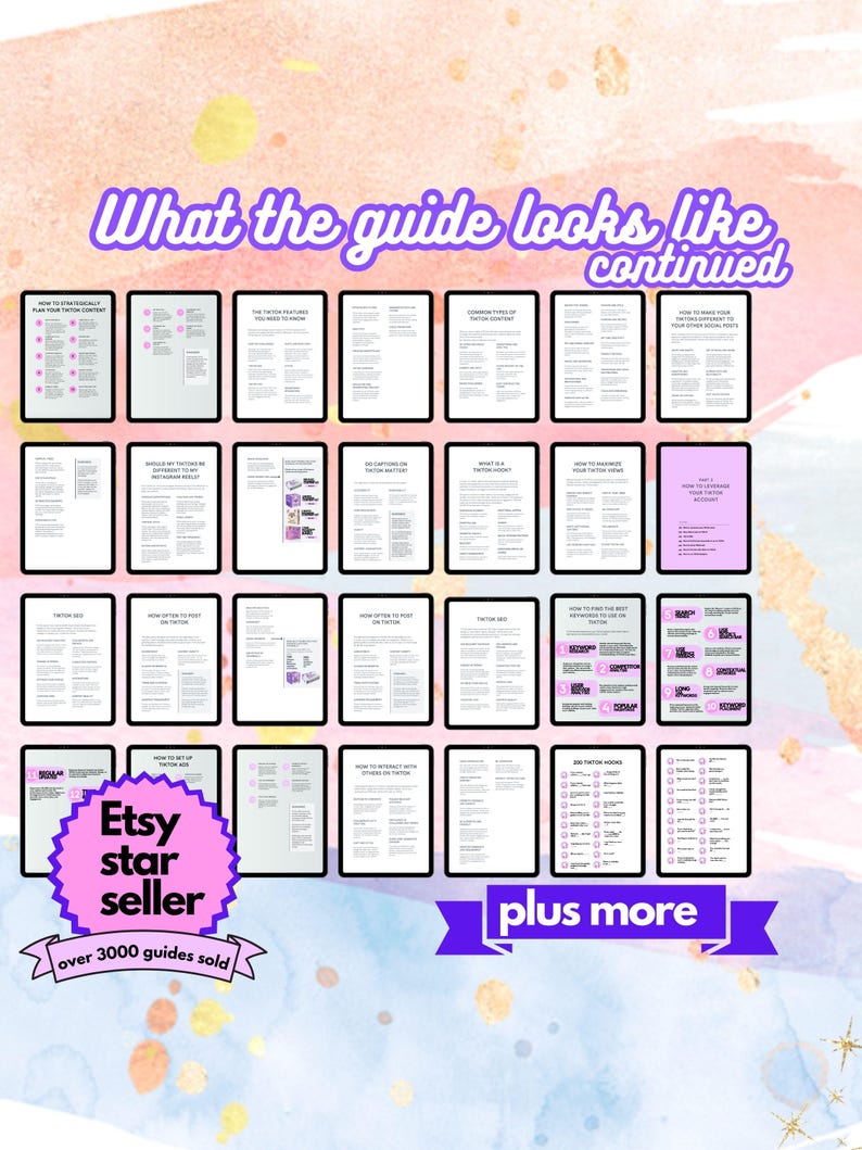 May include: A collage of images showing the contents of an Etsy seller guide. The guide includes tips on how to strategically price items, write effective product descriptions, and use social media to promote your shop. The text "Etsy star seller" and "over 3000 guides sold" are visible in the image.
