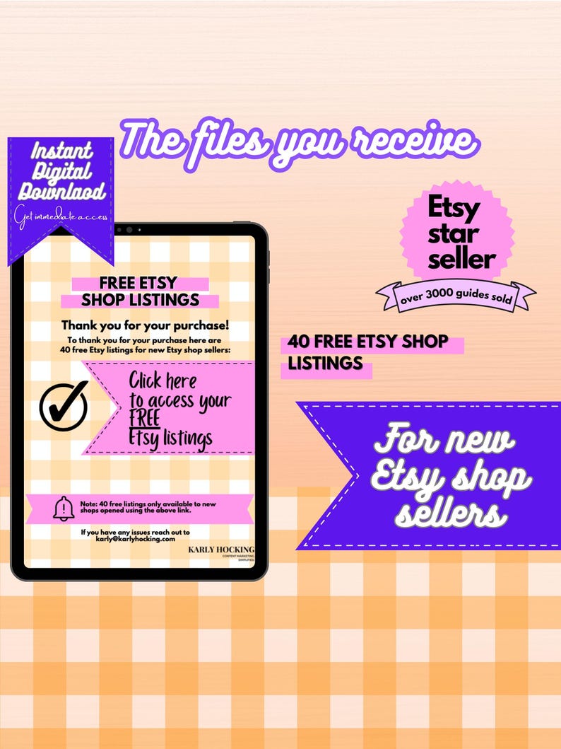 Pode incluir: Um download digital para novos vendedores do Etsy. A imagem mostra a tela de um tablet com um fundo xadrez rosa e branco. O texto na tela diz "FREE ETSY SHOP LISTINGS" e "Click here to access your FREE Etsy listings". A imagem tamb&eacute;m inclui uma faixa roxa que diz "Para novos vendedores do Etsy".