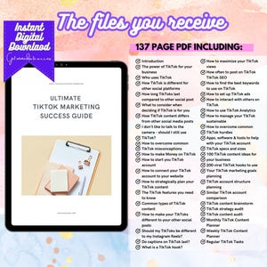May include: A pink and white digital tablet displaying a 137-page PDF guide titled "Ultimate TikTok Marketing Success Guide". The guide includes information on how to maximize TikTok views, find the best keywords, set up ads, and manage a sustainable TikTok account.