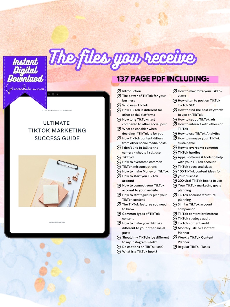 May include: A pink and white digital tablet displaying a 137-page PDF guide titled "Ultimate TikTok Marketing Success Guide". The guide includes information on how to maximize TikTok views, find the best keywords, set up ads, and manage a sustainable TikTok account.