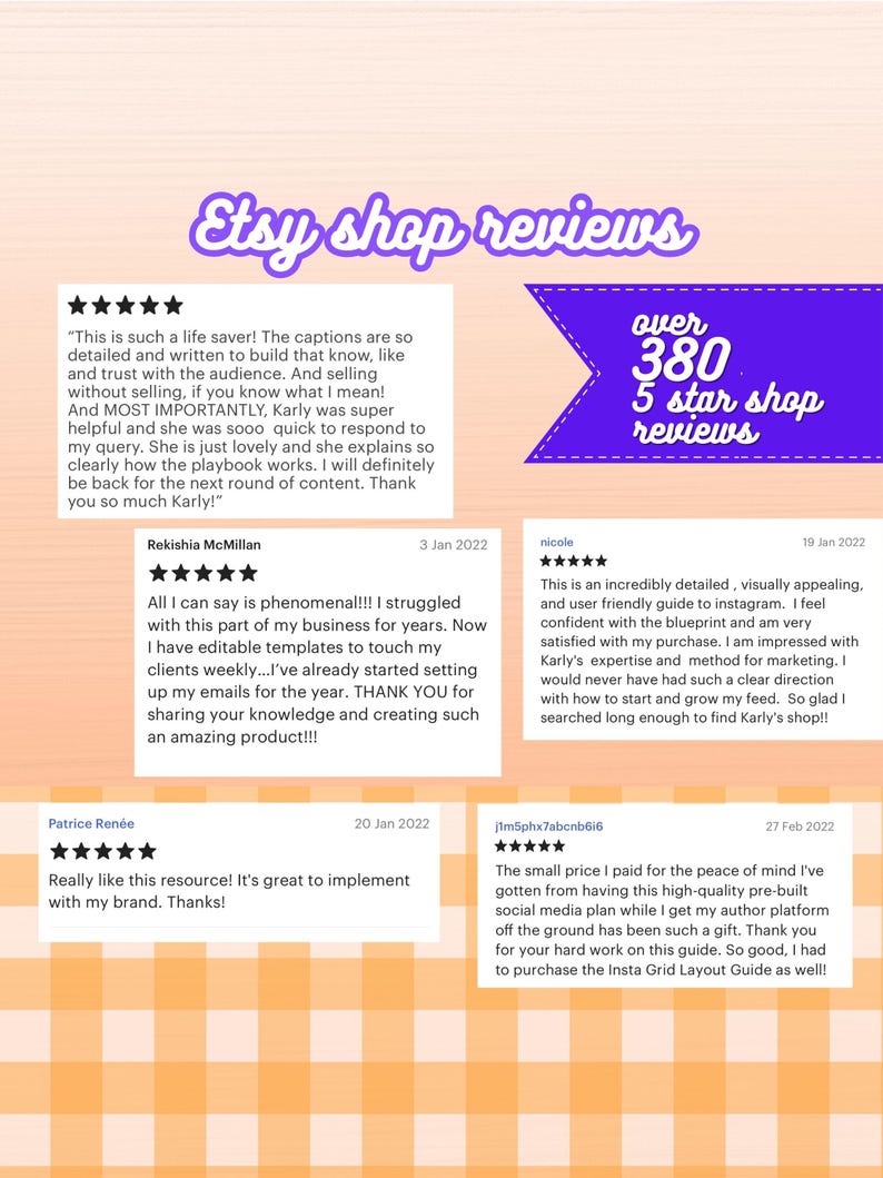 Pode incluir: Uma captura de tela de avalia&ccedil;&otilde;es da loja Etsy com uma faixa roxa que diz "mais de 380 avalia&ccedil;&otilde;es de loja de 5 estrelas". As avalia&ccedil;&otilde;es s&atilde;o positivas e destacam a qualidade e a utilidade dos produtos e servi&ccedil;os da loja.
