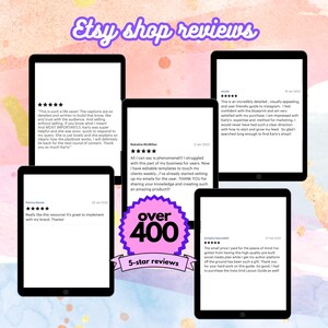 May include: Screenshots of five-star reviews for an Etsy shop selling digital products. The reviews highlight the quality and helpfulness of the products, as well as the responsiveness of the shop owner. The shop has over 400 five-star reviews.