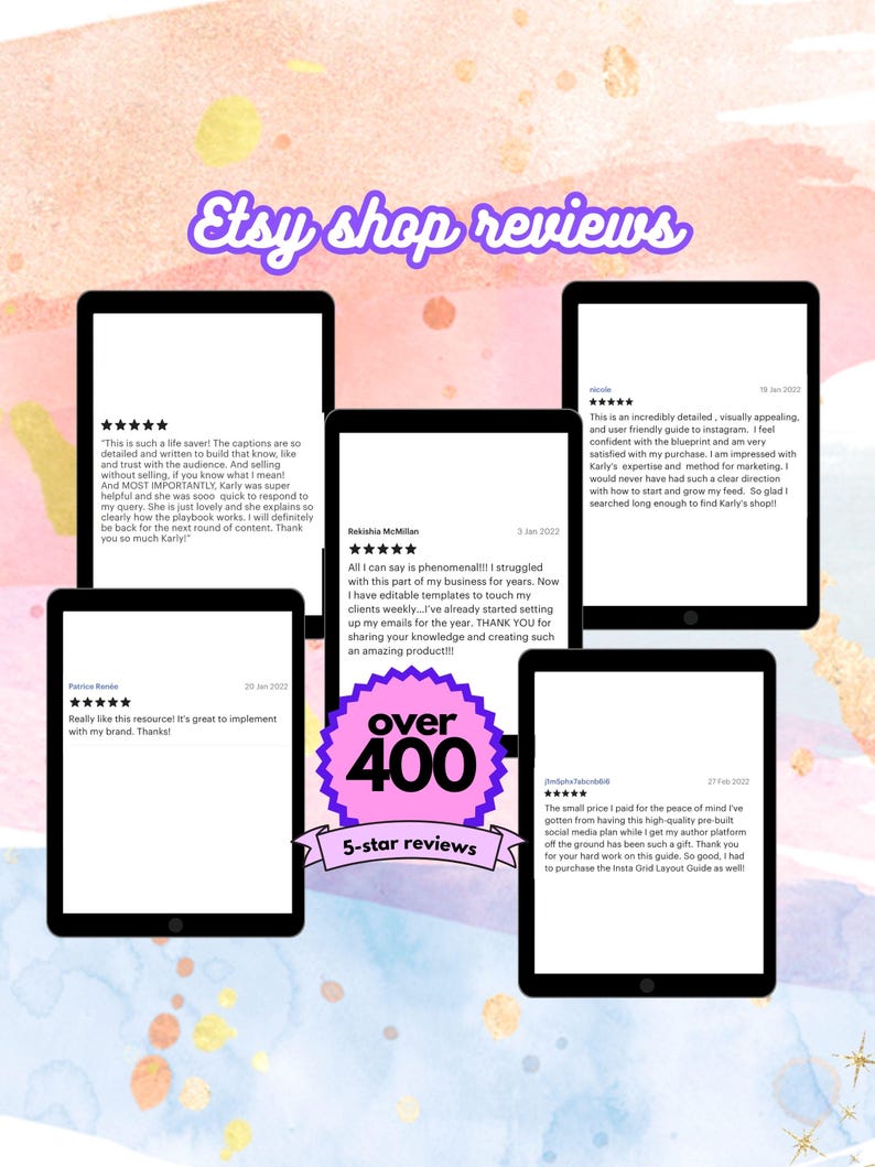 May include: Screenshots of five-star reviews for an Etsy shop selling digital products. The reviews highlight the quality and helpfulness of the products, as well as the responsiveness of the shop owner. The shop has over 400 five-star reviews.