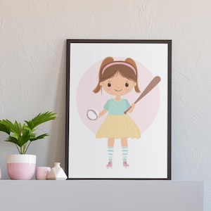 Baseball Girl Wall Art | Pastel Sports Printable for Girls’ Room | Softball Kids Room Decor | Cute Athlete Poster | Printable Art