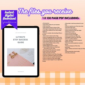 Pode incluir: Um tablet rosa exibindo um guia digital intitulado "Ultimate Etsy Success Guide". O guia inclui uma lista de verifica&ccedil;&atilde;o de 130 p&aacute;ginas com dicas e estrat&eacute;gias para vendedores do Etsy. O guia &eacute; dividido em se&ccedil;&otilde;es como "Introdu&ccedil;&atilde;o", "Venda de produtos digitais no Etsy" e "Estrat&eacute;gias para fazer sua loja Etsy crescer".