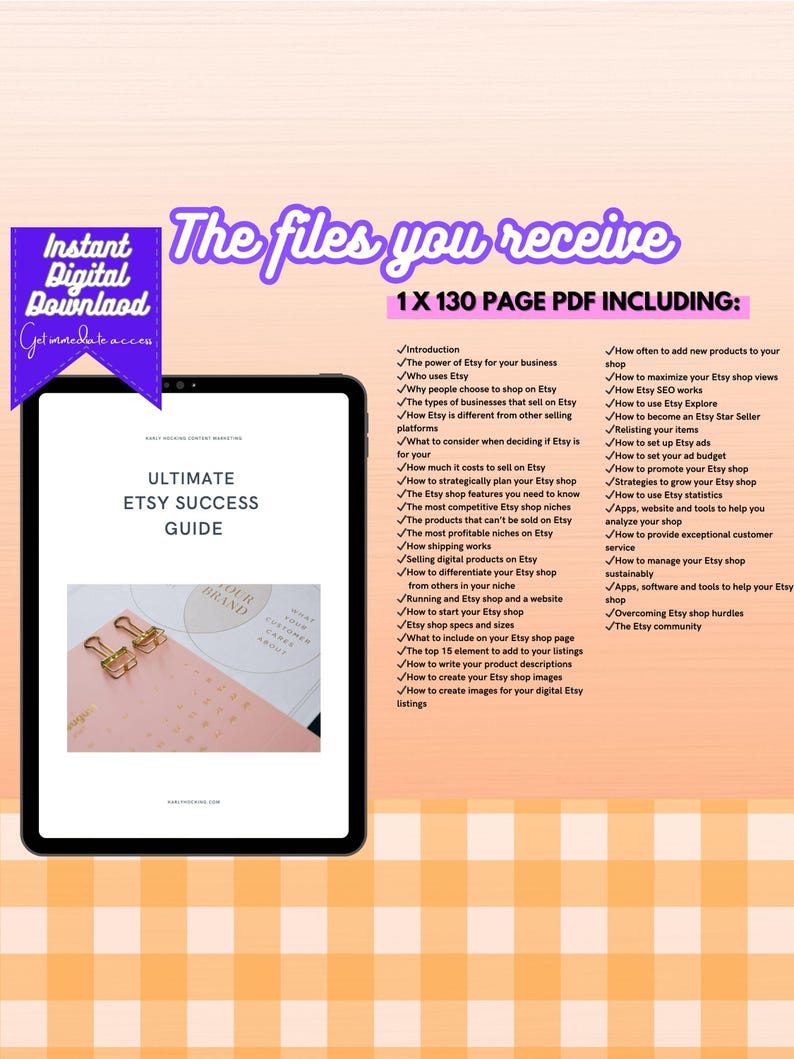 Pode incluir: Um tablet rosa exibindo um guia digital intitulado "Ultimate Etsy Success Guide". O guia inclui uma lista de verifica&ccedil;&atilde;o de 130 p&aacute;ginas com dicas e estrat&eacute;gias para vendedores do Etsy. O guia &eacute; dividido em se&ccedil;&otilde;es como "Introdu&ccedil;&atilde;o", "Venda de produtos digitais no Etsy" e "Estrat&eacute;gias para fazer sua loja Etsy crescer".