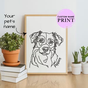 Personalized Australian Shepherd Line Art – Custom Dog Name Print, Aussie Dog Wall Art, Minimalist Pet Portrait, Digital Download Gift
