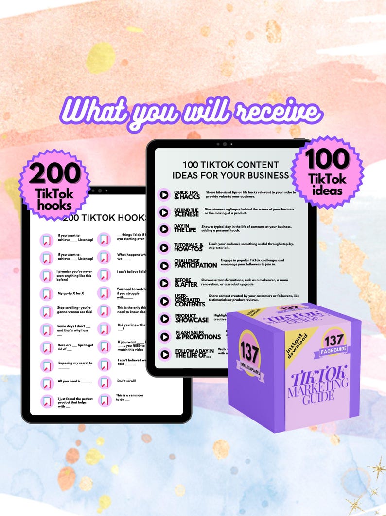 May include: A digital marketing guide for TikTok with 200 TikTok hooks, 100 TikTok content ideas for your business, and 137 TikTok templates. The guide is displayed on a tablet and a purple box with the text "TikTok Marketing Guide" on it.