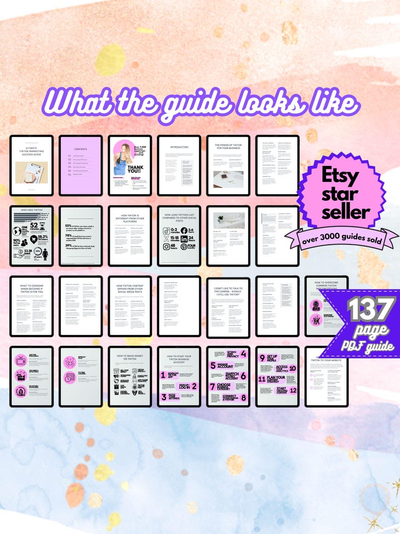 May include: A collage of images showing the contents of a 137-page PDF guide titled "Etsy Star Seller: Over 3000 Guides Sold". The guide includes information on how to make money on Etsy, how to grow your Etsy business, and how to become an Etsy star seller.
