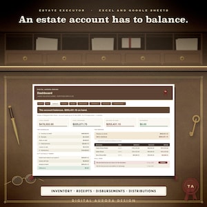 Op de afbeelding: Een digitaal dashboard voor executeur-testamentair boekhouding in Excel en Google Sheets. De interface toont financiële gegevens, waaronder totale kosten, uitgaven en verdelingen aan begunstigden met de tekst An estate account has to balance.