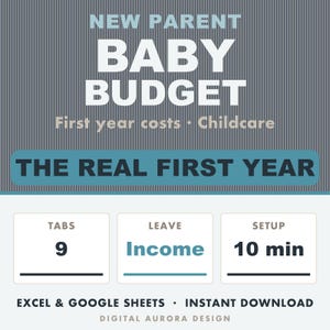 Puede incluir: Una plantilla de planificador de presupuesto digital titulada NEW PARENT BABY BUDGET First year costs Childcare THE REAL FIRST YEAR. Incluye 9 pestañas, una sección de ingresos y un tiempo de configuración de 10 minutos para Excel y Google Sheets.