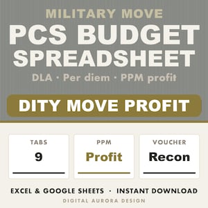Puede incluir: Una hoja de cálculo digital para la planificación presupuestaria militar PCS, con el texto Military Move, PCS Budget Spreadsheet, DLA, Per diem, PPM profit, DITY Move Profit, 9 Tabs, PPM Profit, Voucher Recon, Excel & Google Sheets, Instant Download, Digital Aurora Design.