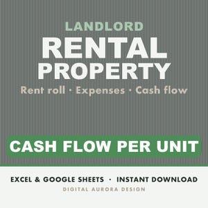 May include: A digital spreadsheet template for landlord rental property management. The graphic features the text LANDLORD RENTAL PROPERTY, Rent roll, Expenses, Cash flow, CASH FLOW PER UNIT, EXCEL & GOOGLE SHEETS, INSTANT DOWNLOAD, and DIGITAL AURORA DESIGN.