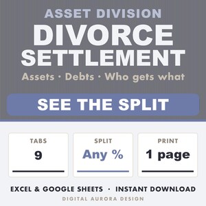 Può includere: Un modello di foglio di calcolo digitale per la divisione dei beni e l'accordo di divorzio. La grafica presenta il testo ASSET DIVISION DIVORCE SETTLEMENT, Assets, Debts, Who gets what, SEE THE SPLIT, 9 TABS, Any % SPLIT, 1 page PRINT, EXCEL & GOOGLE SHEETS, INSTANT DOWNLOAD, DIGITAL AURORA DESIGN.