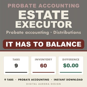 May include: A digital probate accounting template for estate executors featuring the text Probate Accounting, Estate Executor, Distributions, and It Has To Balance. It displays 9 tabs, 60 inventory items, and a £0.00 difference in a clean layout.