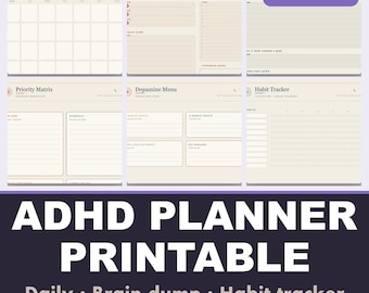Puede incluir: Un conjunto de 24 páginas de planificador ADHD imprimible que incluye resumen mensual, plan diario, volcado de ideas, matriz de prioridades, menú de dopamina y rastreador de hábitos. Fondo beige neutro con texto oscuro y secciones organizadas.