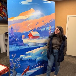Printed Cardboard Backdrop Winter Snow Party Background Size W1500xH2240mm Standee Back Drop With Strut